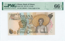 GHANA: 5 Cedis (2.1.1977) in brown on multicolor unpt with woman with straw hat at right. S/N: "M/1 9594813". WMK: Eagle head above star. Signature #6...