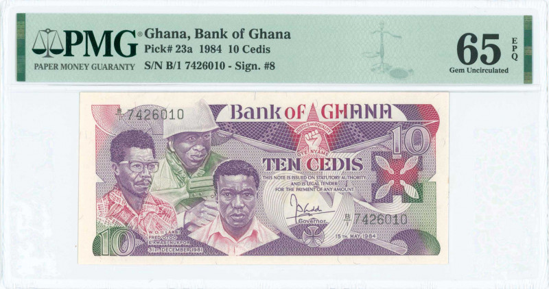 GHANA: 10 Cedis (15.5.1984) in purple and multicolor with Larbi, Otoo and Nukpor...