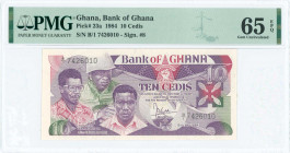 GHANA: 10 Cedis (15.5.1984) in purple and multicolor with Larbi, Otoo and Nukpor at left. S/N: "B/1 7426010". Printed by TDLR (without imprint). Insid...
