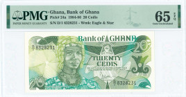 GHANA: 20 Cedis (15.7.1986) in shades of green and aqua with Queen Mother Yaa Asantewa at center left. S/N: "D/1 8328231". Printed by TDLR (without im...