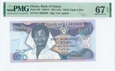 GHANA: 100 Cedis (19.7.1990) in purple, blue and multicolor with woman at center left. S/N: "W/1 0686366". WMK: Eagle head above star. Signature by Ag...
