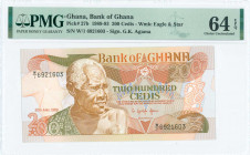 GHANA: 200 Cedis (20.4.1989) in light brown, orange and multicolor with old man at center left. S/N: "W/1 6921603". WMK: Eagle head above star. Signat...
