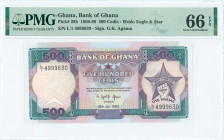 GHANA: 500 Cedis (19.7.1990) in purple and blue-green on multicolor unpt with "WORK AND INDUSTRY" banner at right. S/N: "L/1 4999630". WMK: Eagle head...