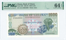 GHANA: 1000 Cedis (6.1.1995) in dark brown, dark blue and dark green on multicolor unpt with gemstones at right. S/N: "13/A 06645890. WMK: Coat of Arm...