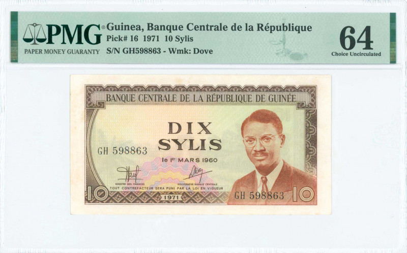 GUINEA: 10 Sylis (Law 1.3.1960 / 1971 issued) in brown on multicolor unpt with P...