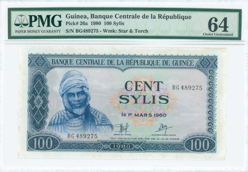 GUINEA: 100 Sylis (1980 / ND 1981) in blue on multicolor unpt with A Samory Tour...