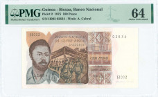 GUINEA-BISSAU: 100 Pesos (24.9.1975) in shades of brown on multicolor unpt with Ramos at left. S/N: "H002 02834". WMK: Cabral pattern. Inside holder b...