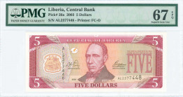 LIBERIA: 5 Dollars (2003) in red and brown on yellow unpt with Arms at left and President Edward James Roye at center. S/N: "AL 2377448". Inside holde...