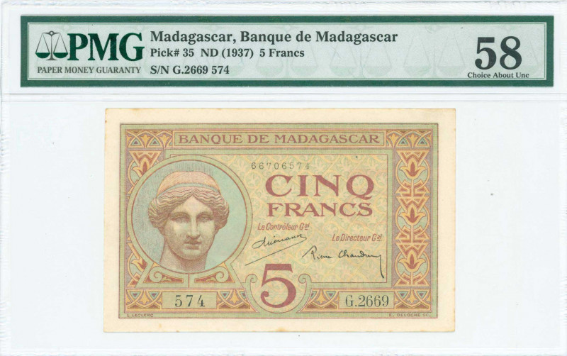 MADAGASCAR: 5 Francs (ND 1937) in red-brown on blue and green unpt with head of ...