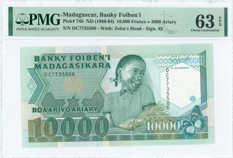 MADAGASCAR: 10000 Francs = 2000 Ariary (ND 1988-1994) in green on multicolor unp...