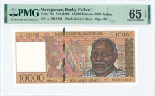 MADAGASCAR: 10000 Francs = 2000 Ariary (ND 1995) in dark brown on tan and multicolor unpt with Malagasy old man at right. S/N: "A 11010142". WMK: Head...