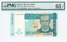 MALAWI: 50 Kwacha (31.10.2005) in dark green, deep blue and aqua on multicolor unpt with J Chilembwe at right. S/N: "AX 8203898". WMK: J Chilembwe and...