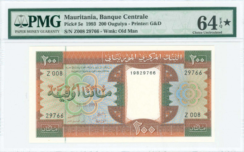 MAURITANIA: 200 Ouguiya (28.11.1993) in brown, dark olive and brown-orange on mu...