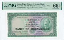 MOZAMBIQUE: 100 Escudos (old date 27.3.1961 / ND 1976) in green on multicolor with portrait of Aires de Ornelas at right. S/N: "C 37976192". Overprint...