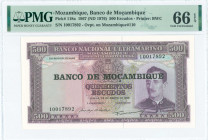 MOZAMBIQUE: 500 Escudos (old date 22.3.1967 / ND 1976) in purple on multicolor with portrait of Caldas Xavier at right. S/N: "10017892". Overprint: BA...