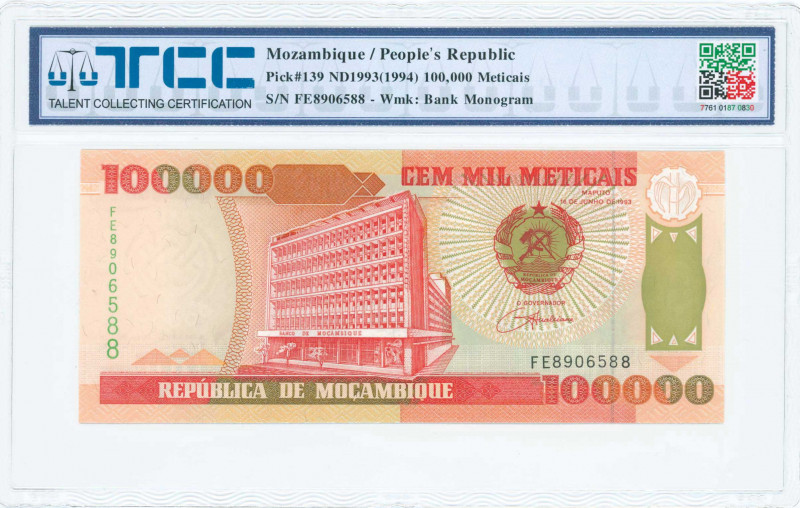 MOZAMBIQUE: 100000 Meticais (16.6.1993) in red, brown-orange and olive brown on ...