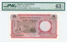 NIGERIA: 1 Pound (ND 1967) in red and dark brown with building of Central Bank of Nigeria in Lagos at center left. S/N: "B/85 616604". WMK: Lions head...