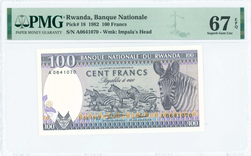 RWANDA: 100 Francs (1.8.1982) in black on lilac and multicolor unpt with zebras ...