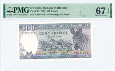 RWANDA: 100 Francs (1.8.1982) in black on lilac and multicolor unpt with zebras at center and right. S/N: "A 0641070". WMK: Impalas head. Inside holde...