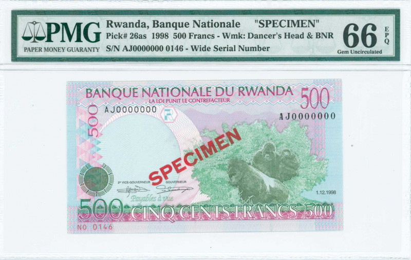 RWANDA: Specimen of 500 Francs (1.12.1998) in blue and green on multicolor unpt ...