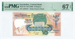 SEYCHELLES: 10 Rupees (ND 1989) in blue-black and deep blue-green on multicolor unpt with Central Banks building at center. S/N: "A 487541". WMK: Blac...