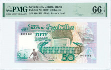 SEYCHELLES: 50 Rupees (ND 1989) in dark green and brown on multicolor unpt with two men in boat at lower left, prow of boat at upper right and banks b...