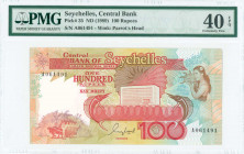 SEYCHELLES: 100 Rupees (ND 1989) in red and brown on multicolor unpt with people in ox-cart at lower left and girl with shell at upper right. S/N: "A ...