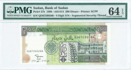 SUDAN: 200 Dinars (AH1414 / 1998) in green and black on multicolor unpt with Presidential Palace at right. Eight digits S/N: "QD 67290286". WMK: Masji...