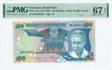 TANZANIA: 100 Shilingi (ND 1986) in blue and purple on multicolor unpt with Arms at top center and President Julius Kambarage Nyerere at right. S/N: "...