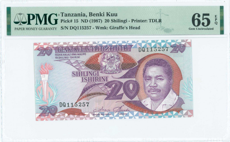 TANZANIA: 20 Shilingi (ND 1987) in purple and red-brown on multicolor unpt with ...