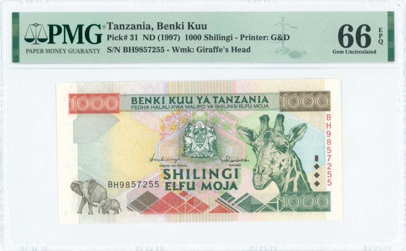 TANZANIA: 1000 Shilingi (ND 1997) in deep olive-green, red-orange and dark brown...