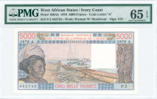 WEST AFRICAN STATES / IVORY COAST: 5000 Francs (1979) in black and red on multicolor unpt with woman at left, fish and boats on shore at center and ca...