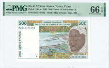 WEST AFRICAN STATES / IVORY COAST: 500 Francs (2002) in dark brown and dark green on multicolor unpt with man at right and flood control dam at center...