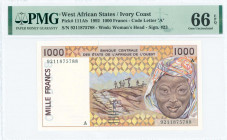 WEST AFRICAN STATES / IVORY COAST: 1000 Francs (1992) in dark brown-violet on tan, yellow and multicolor unpt with woman at right and workmen hauling ...
