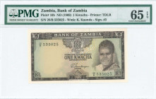 ZAMBIA: 1 Kwacha (ND 1969) in dark brown on multicolor unpt with President Kenneth Kaunda at right. S/N: "26/B 535025". WMK: Kaunda. Signature #3. Pri...