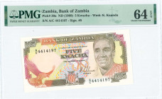 ZAMBIA: 5 Kwacha (ND 1989) in brown and red-orange on multicolor unpt with President Kenneth Kaunda at right and African fish eagle at lower left. S/N...