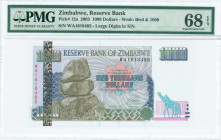 ZIMBABWE: 1000 Dollars (2003) in brown, purple and green on multicolor unpt with Chiremba balancing rocks in Epworth at center left. Large digit S/N: ...