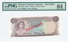 BAHAMAS: Specimen of 1/2 Dollar (Law 1968) in purple on multicolor unpt with Queen Elizabeth II at left. S/N: "C 000000". Red diagonal ovpt "SPECIMEN"...