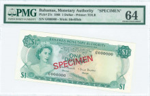 BAHAMAS: Specimen of 1 Dollar (Law 1968) in green on multicolor unpt with Queen Elizabeth II at left. S/N: "G 000000". Red diagonal ovpt "SPECIMEN" bo...