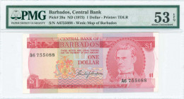 BARBADOS: 1 Dollar (ND 1973) in red on multicolor unpt with portrait of Samuel Jackman Prescod at right. S/N: "A6 755088". WMK: Map of Barbados. Print...