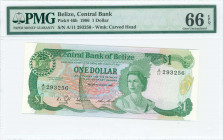 BELIZE: 1 Dollar (1.1.1986) in green on multicolor unpt with Queen Elizabeth II at center right. S/N: "A/11 293256". WMK: Carved head of the "sleeping...