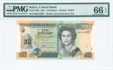 BELIZE: 10 Dollars (11.1.2011) with portrait of Queen Elizabeth II at right. S/N: "DK 014987". WMK: Carved head of the "sleeping giant" and value. Pri...