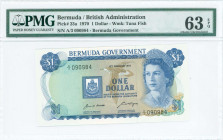 BERMUDA: 1 Dollar (6.2.1970) in dark blue on tan and aqua unpt with Queen Elizebeth II at right and Arms at left center. S/N: "A/3 090984". WMK: Tuna ...