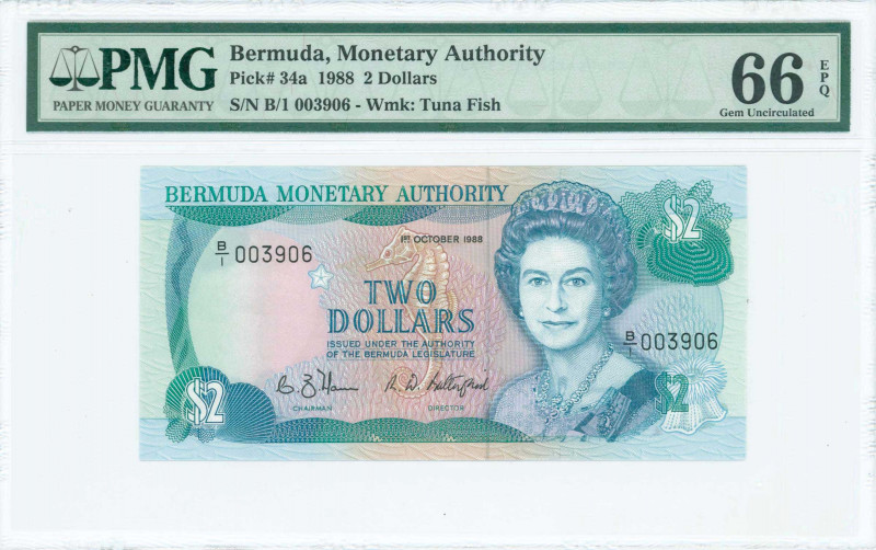 BERMUDA: 2 Dollars (1.10.1988) in blue-green on multicolor unpt with Queen Eliza...