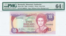BERMUDA: 5 Dollars (20.2.1989) in red-violet and purple on multicolor unpt with Queen Elizabeth II at right. Low S/N: "B/2 000553". WMK: Tuna fish. Si...