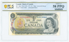 CANADA: 1 Dollar (1973) in black on light green and multicolor unpt with Queen Elizabeth II at right and Arms at left. Lithographed on back. S/N: "ALK...
