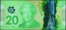 CANADA: 20 Dollars (2012) in green with Queen Elizabeth II at center left. S/N: "BIF 3812339". Printed by BAI (without imprint). Signatures by Macklem...