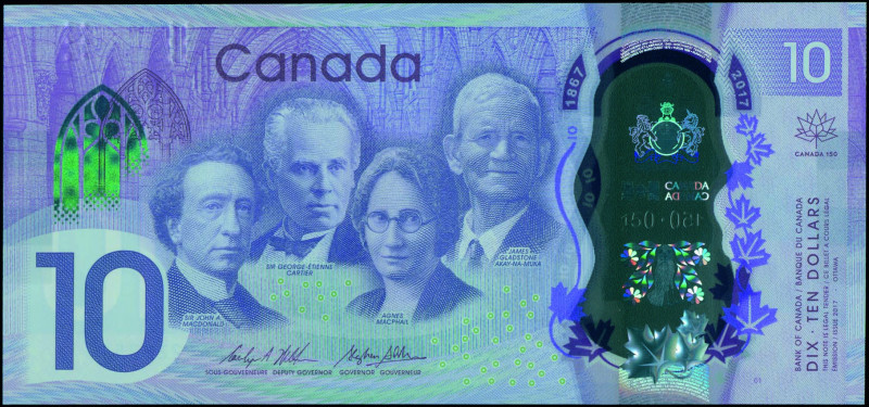 CANADA: 10 Dollars (2017) in purple and green commemorating Canadas 150th Annive...