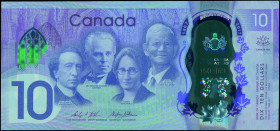 CANADA: 10 Dollars (2017) in purple and green commemorating Canadas 150th Anniversary with portraits at center and center right. S/N: "CDA 4228251". (...