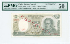 CHILE: Specimen of 5 Pesos (1975) in green on olive unpt with Jose Miguel Carrera at right. Red diagonal ovpt "ESPECIMEN" both on face and back. S/N: ...